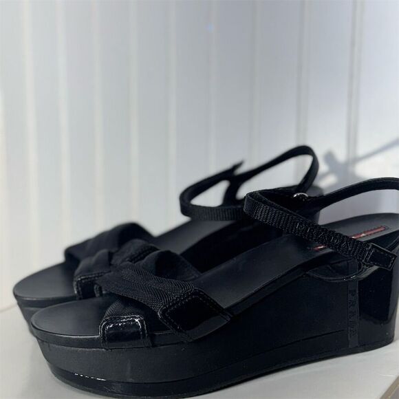 Prada Sport Black Wedge Sandals 40.5 Strappy Platform Hook & Loop Designer Shoes - Picture 8 of 11